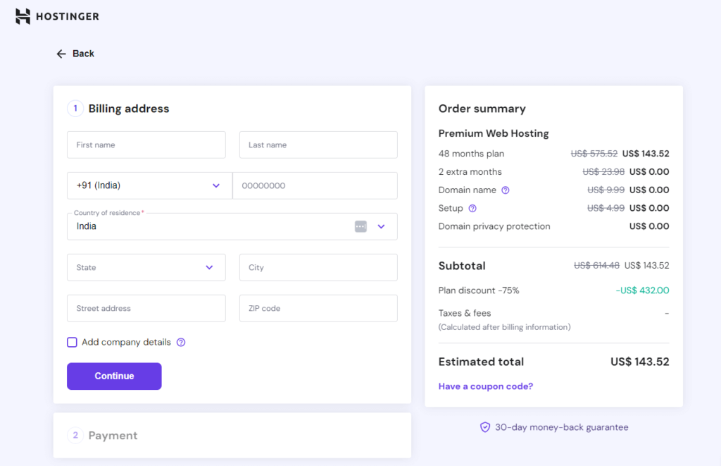 hostinger order summary