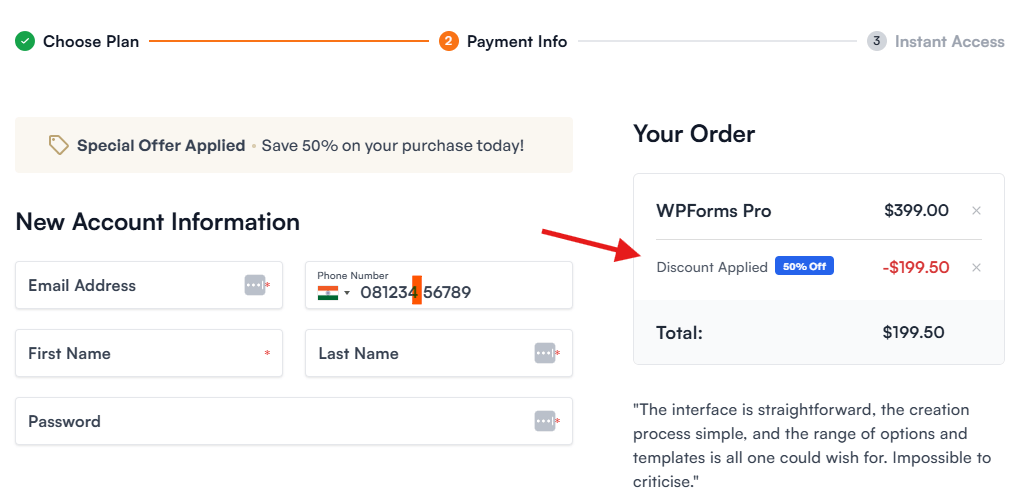 wpforms coupon applied