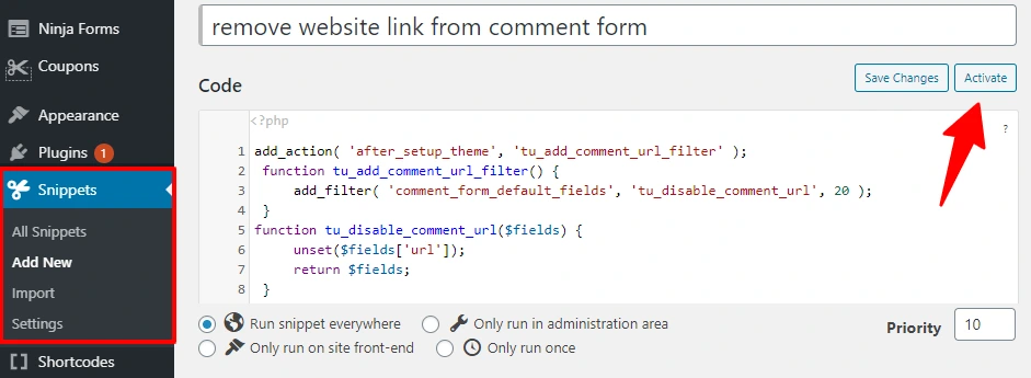 code snippets remove website field