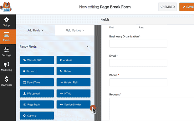 page breaks wpforms